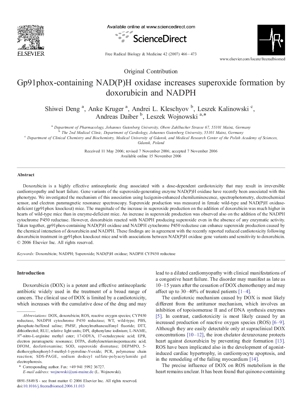 Gp91phox-containing NAD(P)H oxidase increases superoxide formation by doxorubicin and NADPH