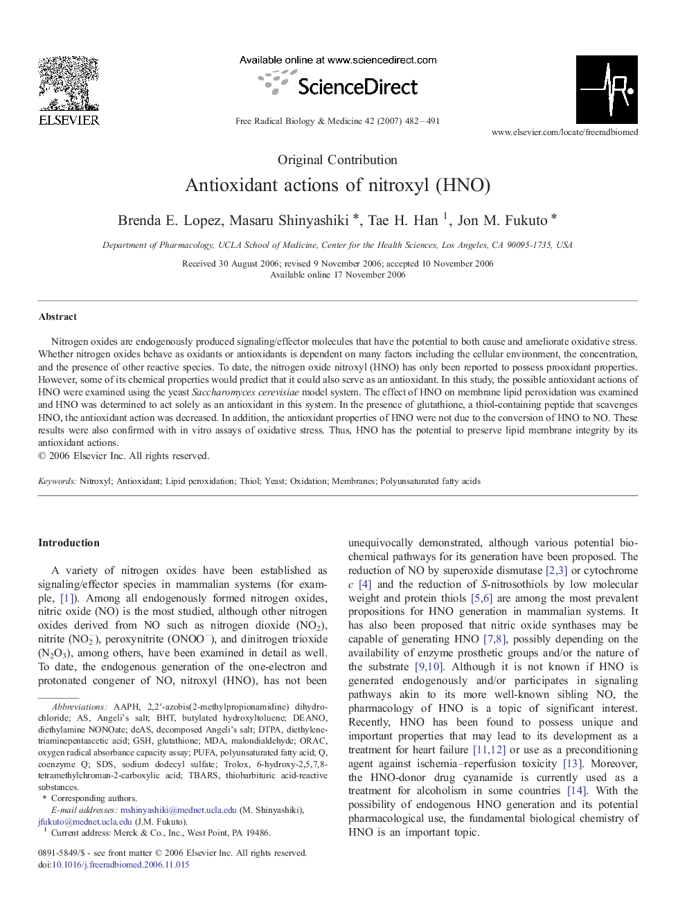 Antioxidant actions of nitroxyl (HNO)