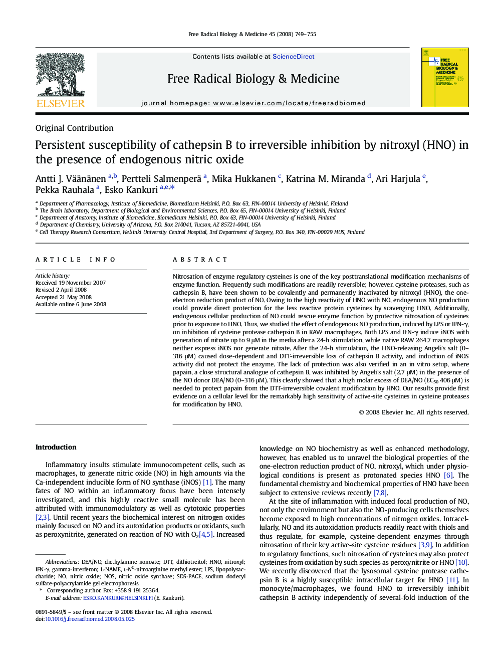 Persistent susceptibility of cathepsin B to irreversible inhibition by nitroxyl (HNO) in the presence of endogenous nitric oxide