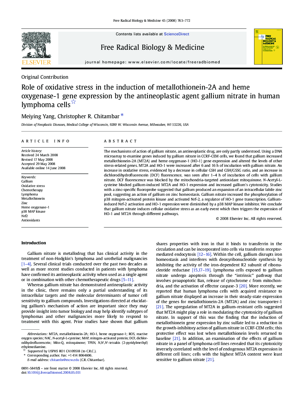 Role of oxidative stress in the induction of metallothionein-2A and heme oxygenase-1 gene expression by the antineoplastic agent gallium nitrate in human lymphoma cells 