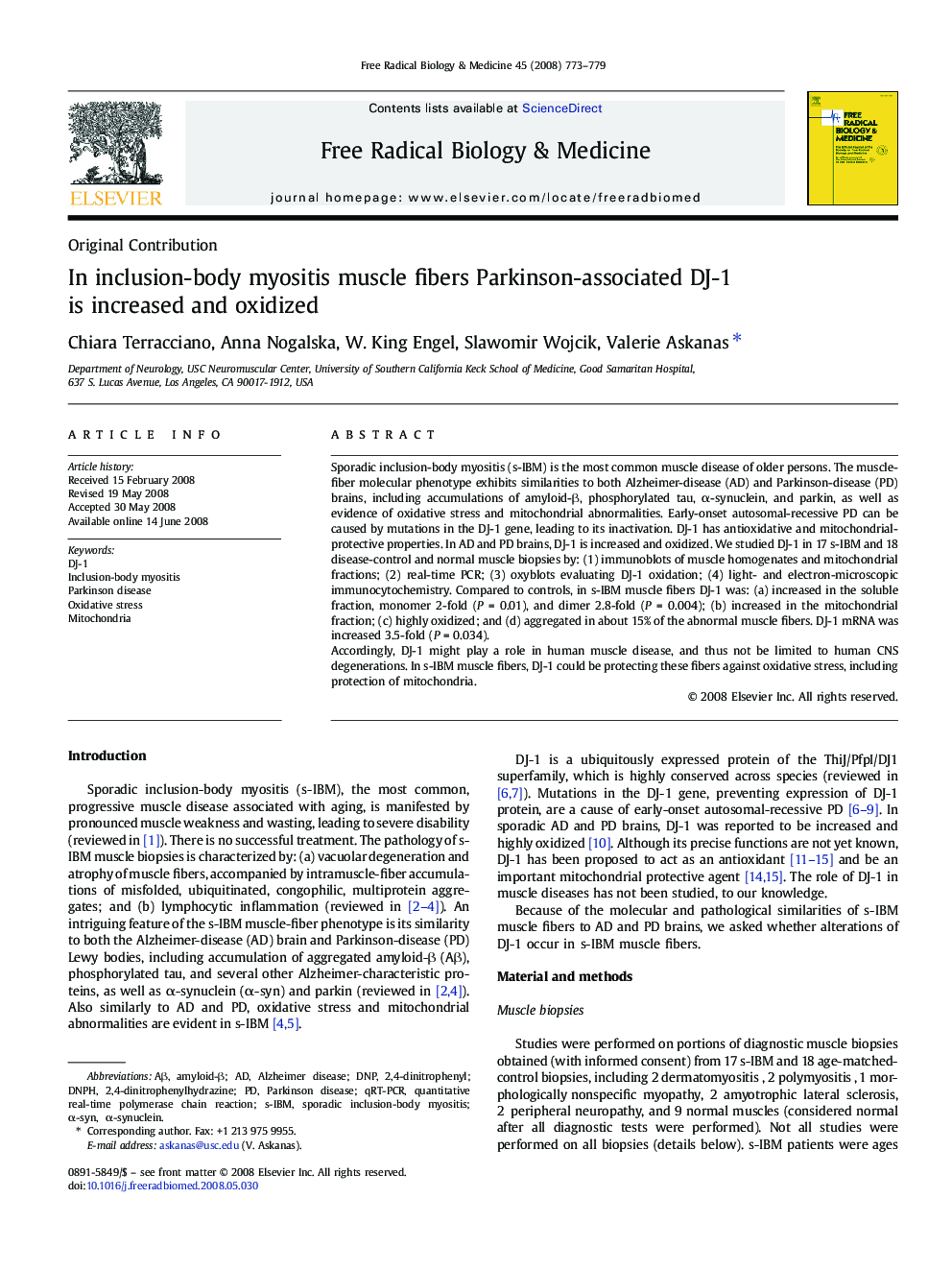 In inclusion-body myositis muscle fibers Parkinson-associated DJ-1 is increased and oxidized