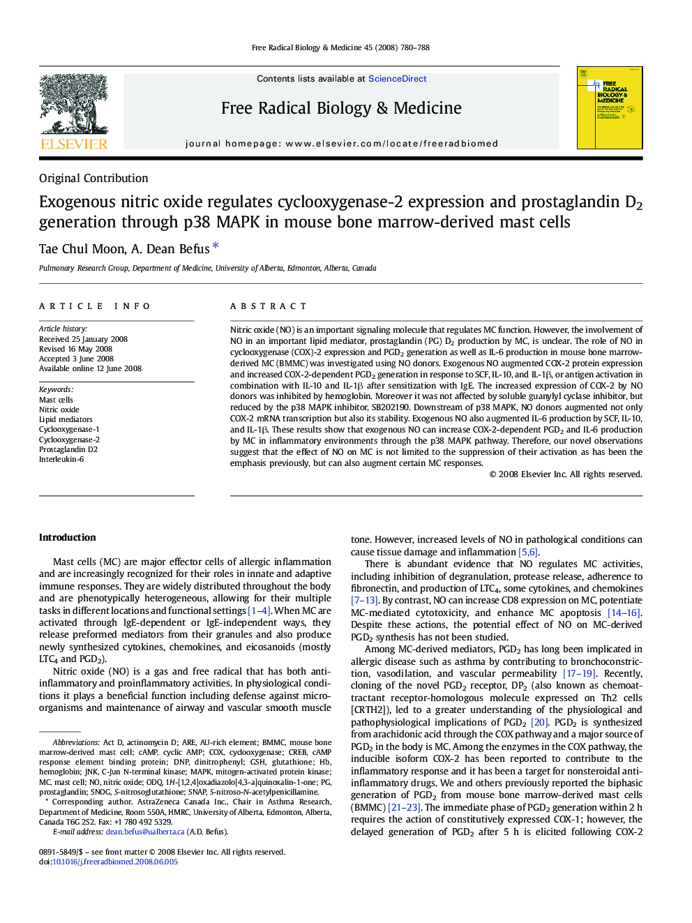 Exogenous nitric oxide regulates cyclooxygenase-2 expression and prostaglandin D2 generation through p38 MAPK in mouse bone marrow-derived mast cells