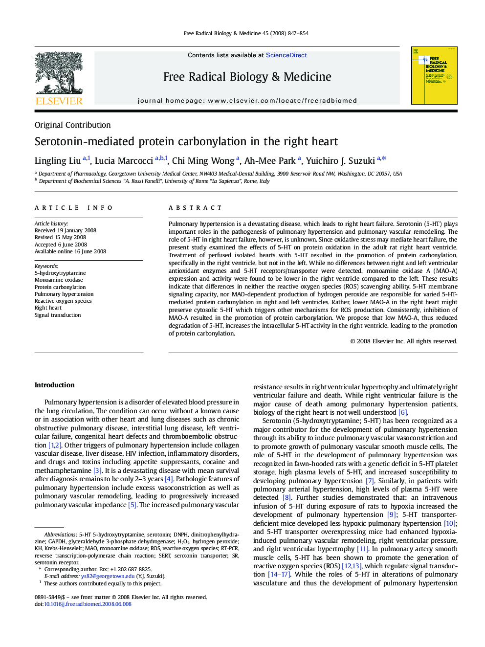 Serotonin-mediated protein carbonylation in the right heart