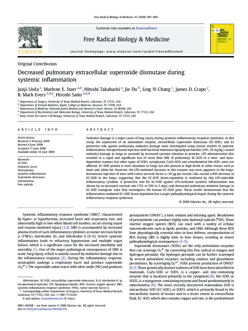 Decreased pulmonary extracellular superoxide dismutase during systemic inflammation