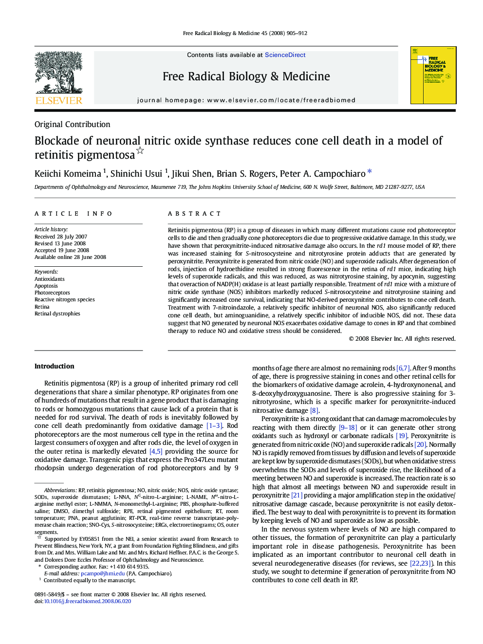 Blockade of neuronal nitric oxide synthase reduces cone cell death in a model of retinitis pigmentosa 