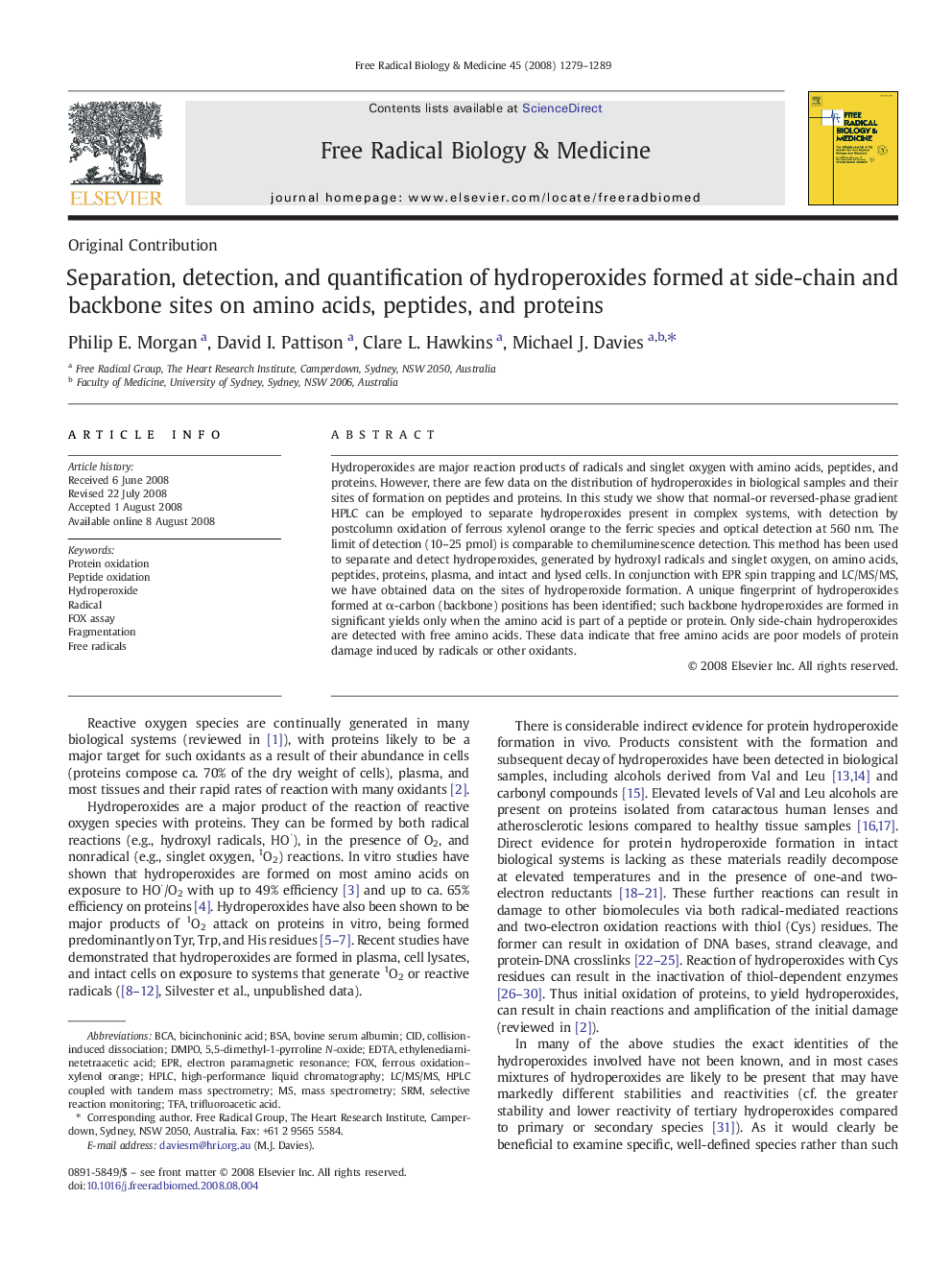 Separation, detection, and quantification of hydroperoxides formed at side-chain and backbone sites on amino acids, peptides, and proteins