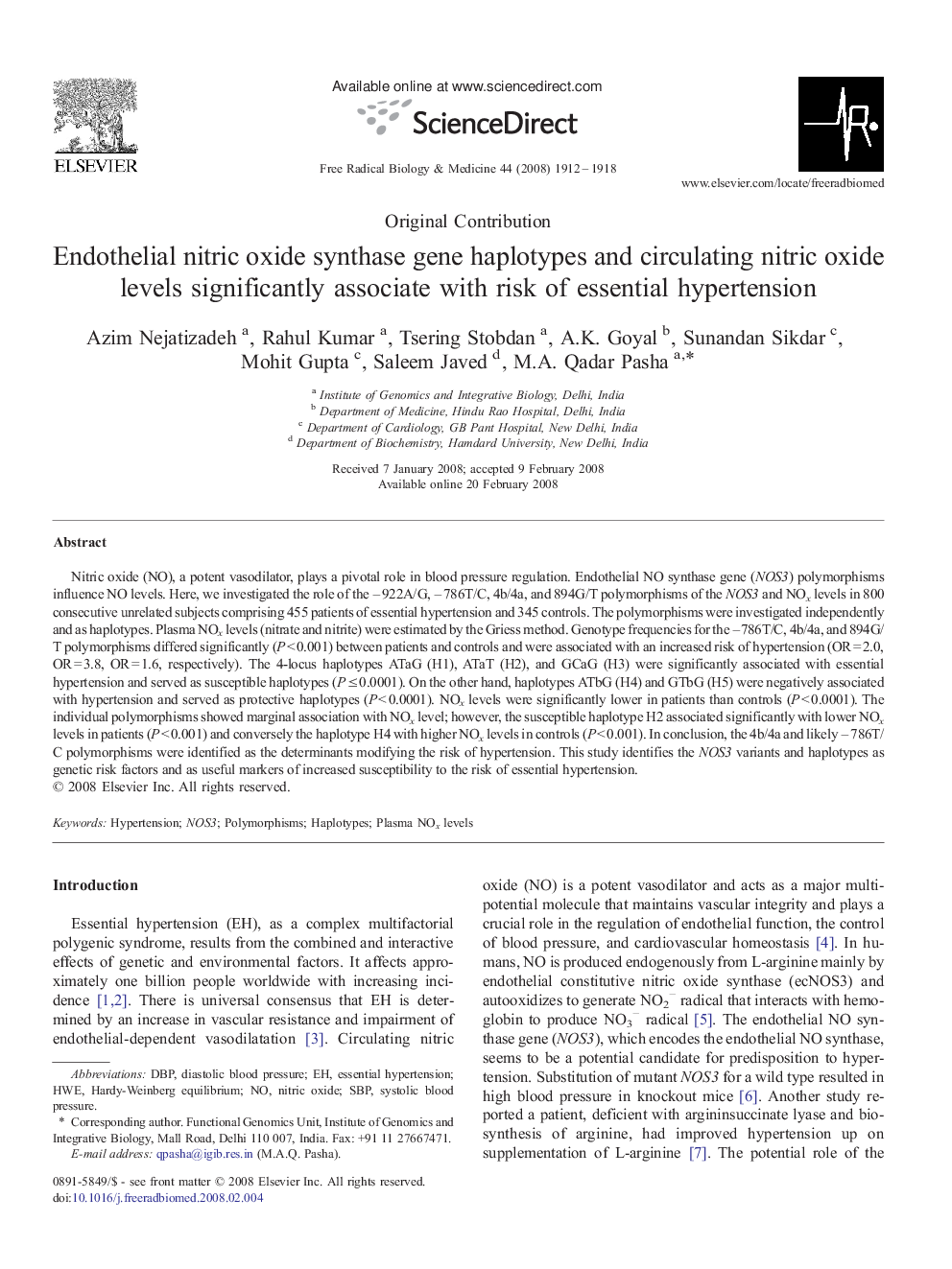 Endothelial nitric oxide synthase gene haplotypes and circulating nitric oxide levels significantly associate with risk of essential hypertension