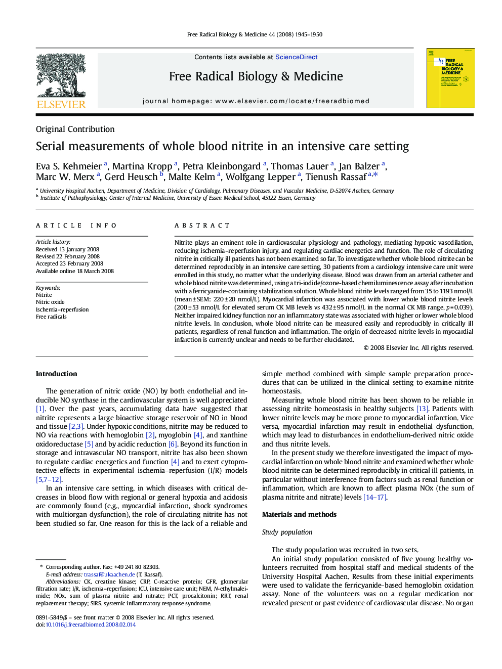 Serial measurements of whole blood nitrite in an intensive care setting