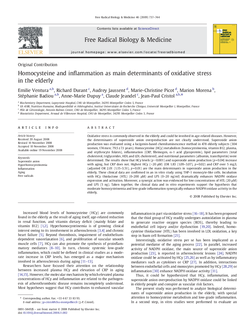 Homocysteine and inflammation as main determinants of oxidative stress in the elderly