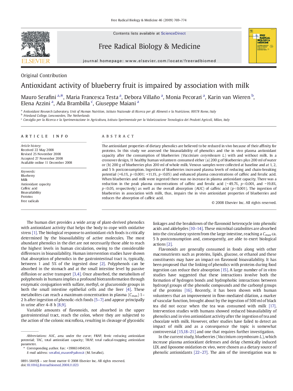 Antioxidant activity of blueberry fruit is impaired by association with milk