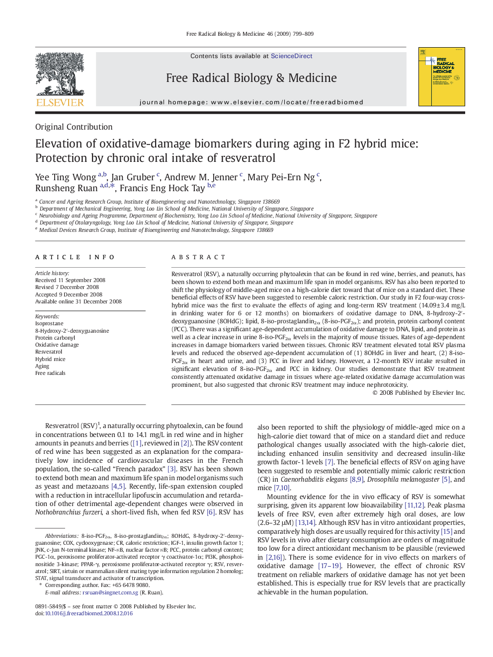 Elevation of oxidative-damage biomarkers during aging in F2 hybrid mice: Protection by chronic oral intake of resveratrol