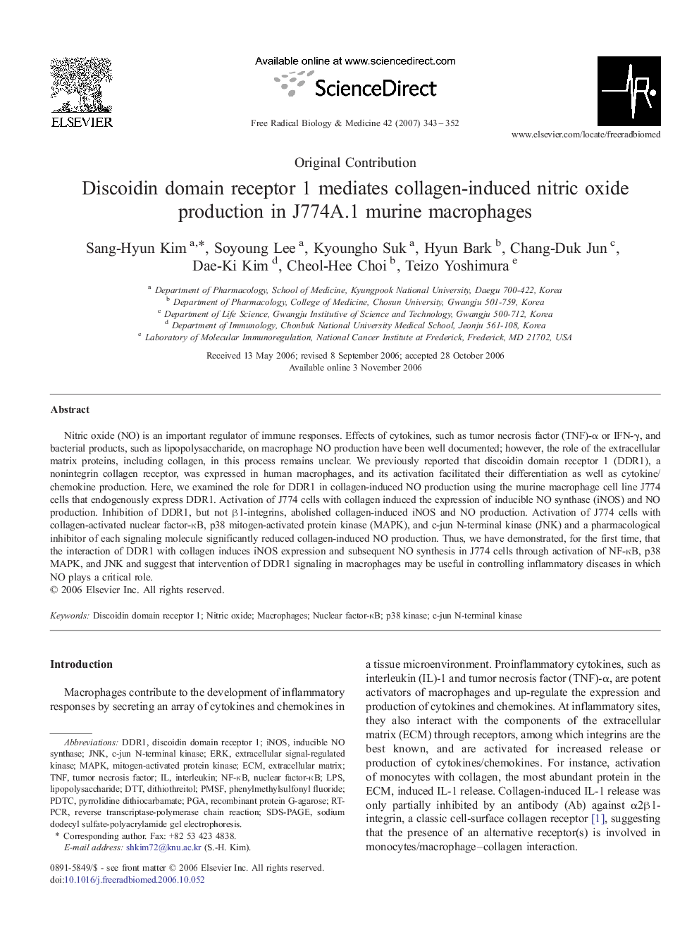 Discoidin domain receptor 1 mediates collagen-induced nitric oxide production in J774A.1 murine macrophages