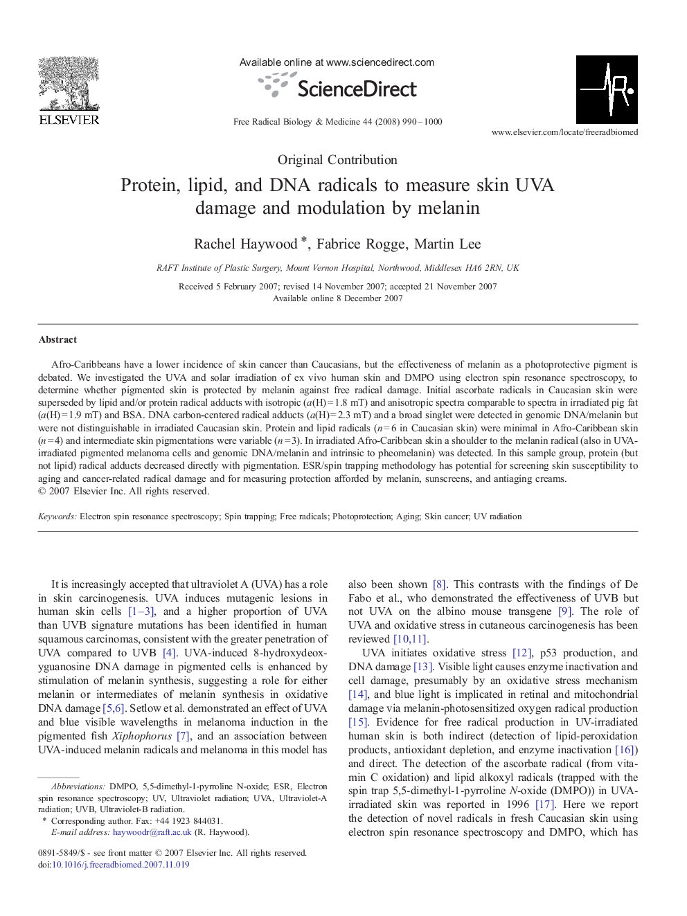 Protein, lipid, and DNA radicals to measure skin UVA damage and modulation by melanin