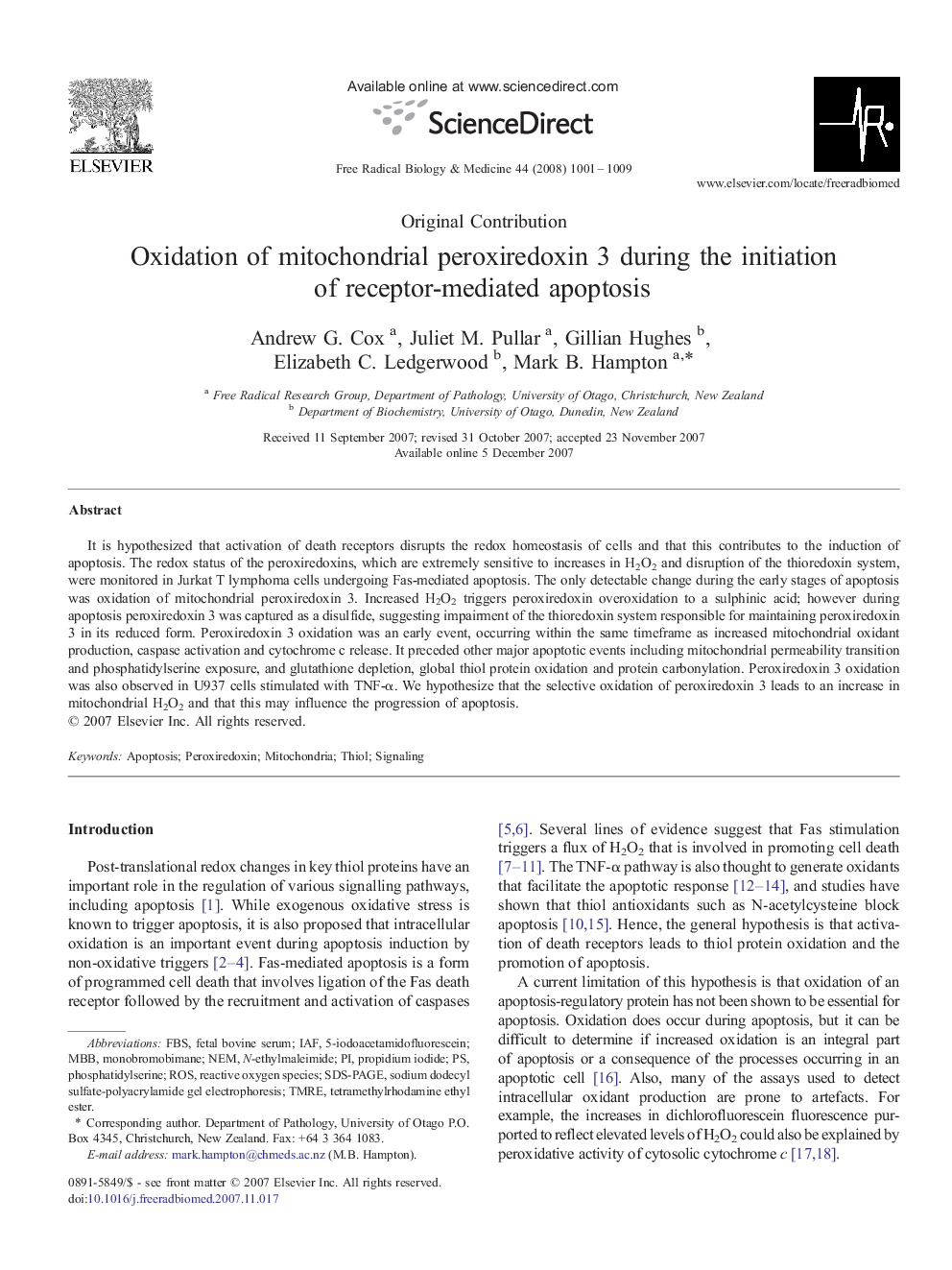 Oxidation of mitochondrial peroxiredoxin 3 during the initiation of receptor-mediated apoptosis