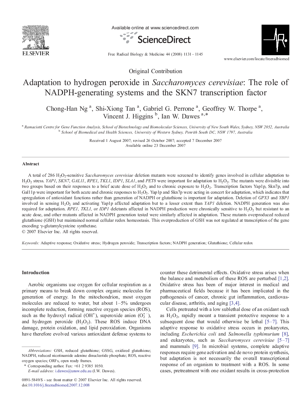 Adaptation to hydrogen peroxide in Saccharomyces cerevisiae: The role of NADPH-generating systems and the SKN7 transcription factor