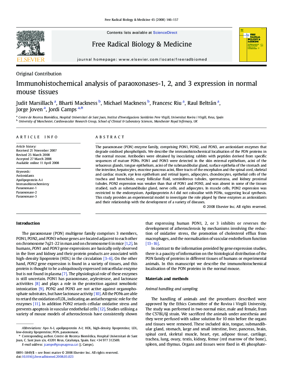 Immunohistochemical analysis of paraoxonases-1, 2, and 3 expression in normal mouse tissues