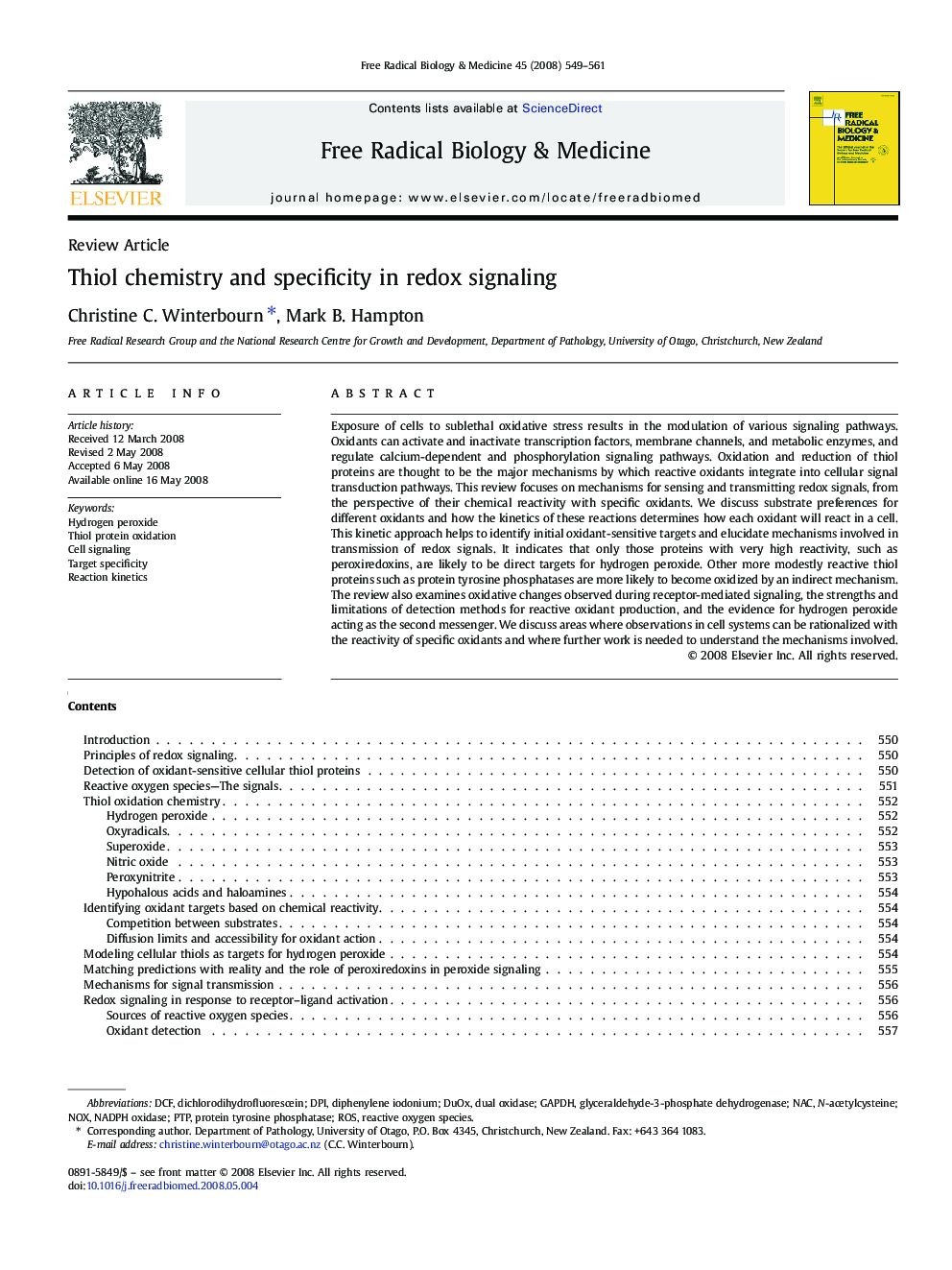 Thiol chemistry and specificity in redox signaling