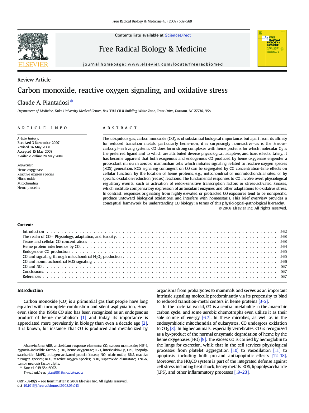 Carbon monoxide, reactive oxygen signaling, and oxidative stress