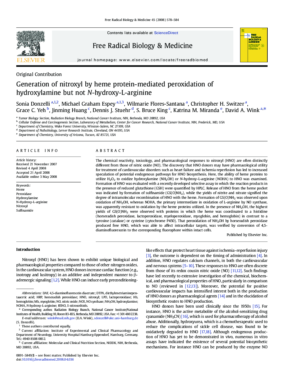 Generation of nitroxyl by heme protein-mediated peroxidation of hydroxylamine but not N-hydroxy-L-arginine
