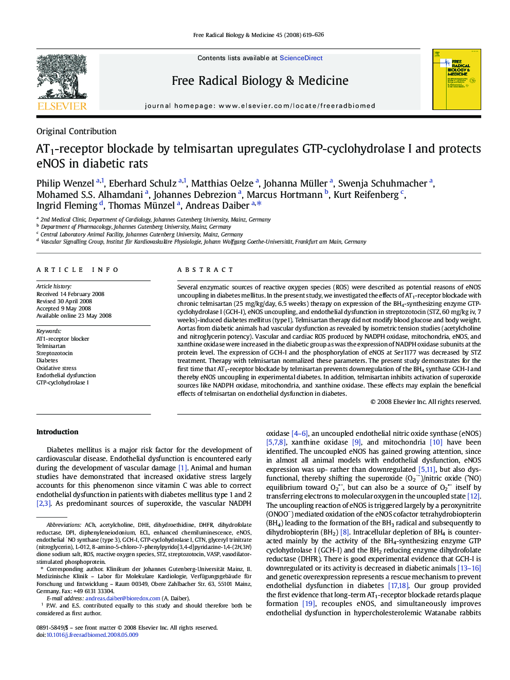 AT1-receptor blockade by telmisartan upregulates GTP-cyclohydrolase I and protects eNOS in diabetic rats