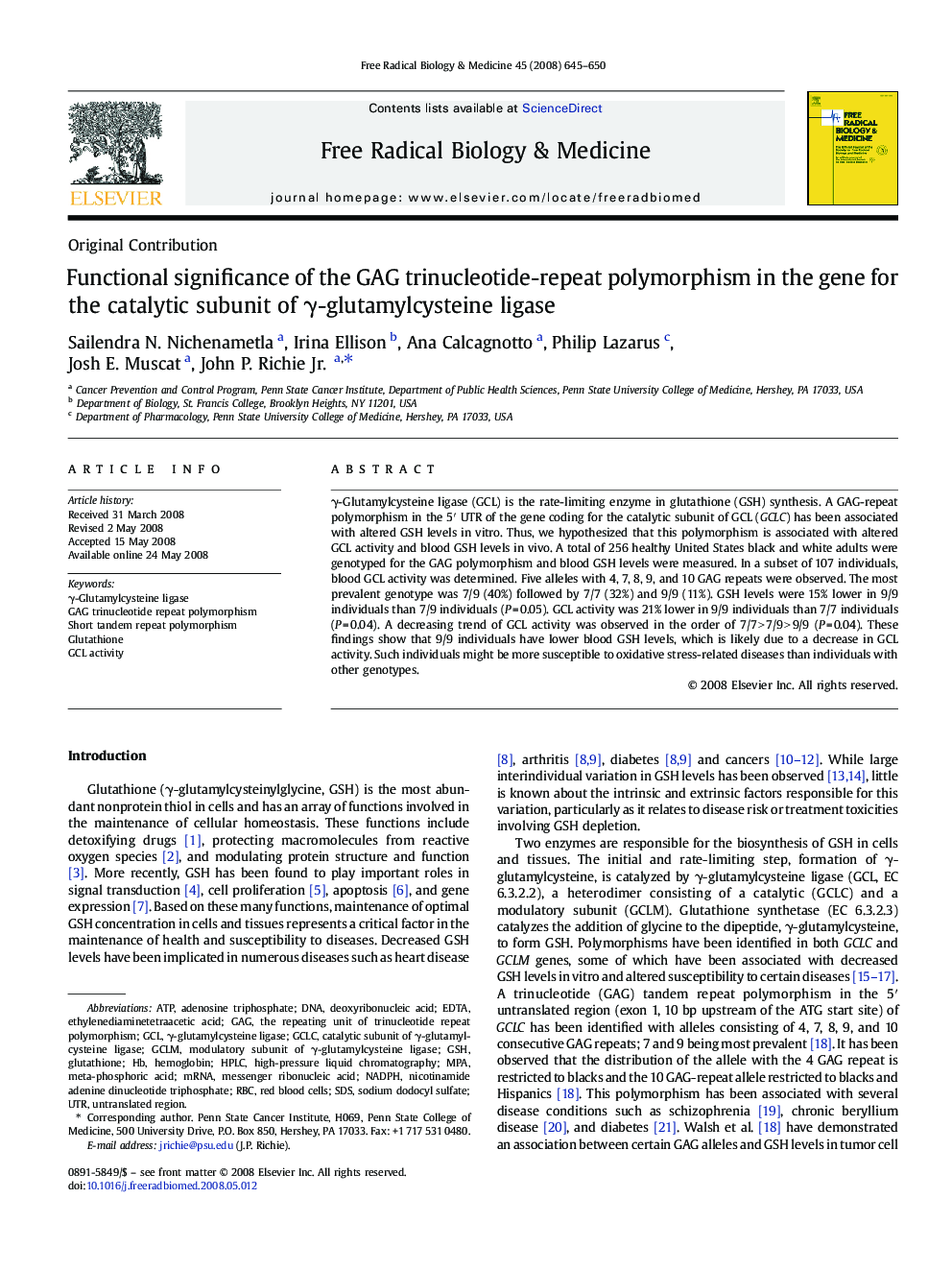 Functional significance of the GAG trinucleotide-repeat polymorphism in the gene for the catalytic subunit of Î³-glutamylcysteine ligase