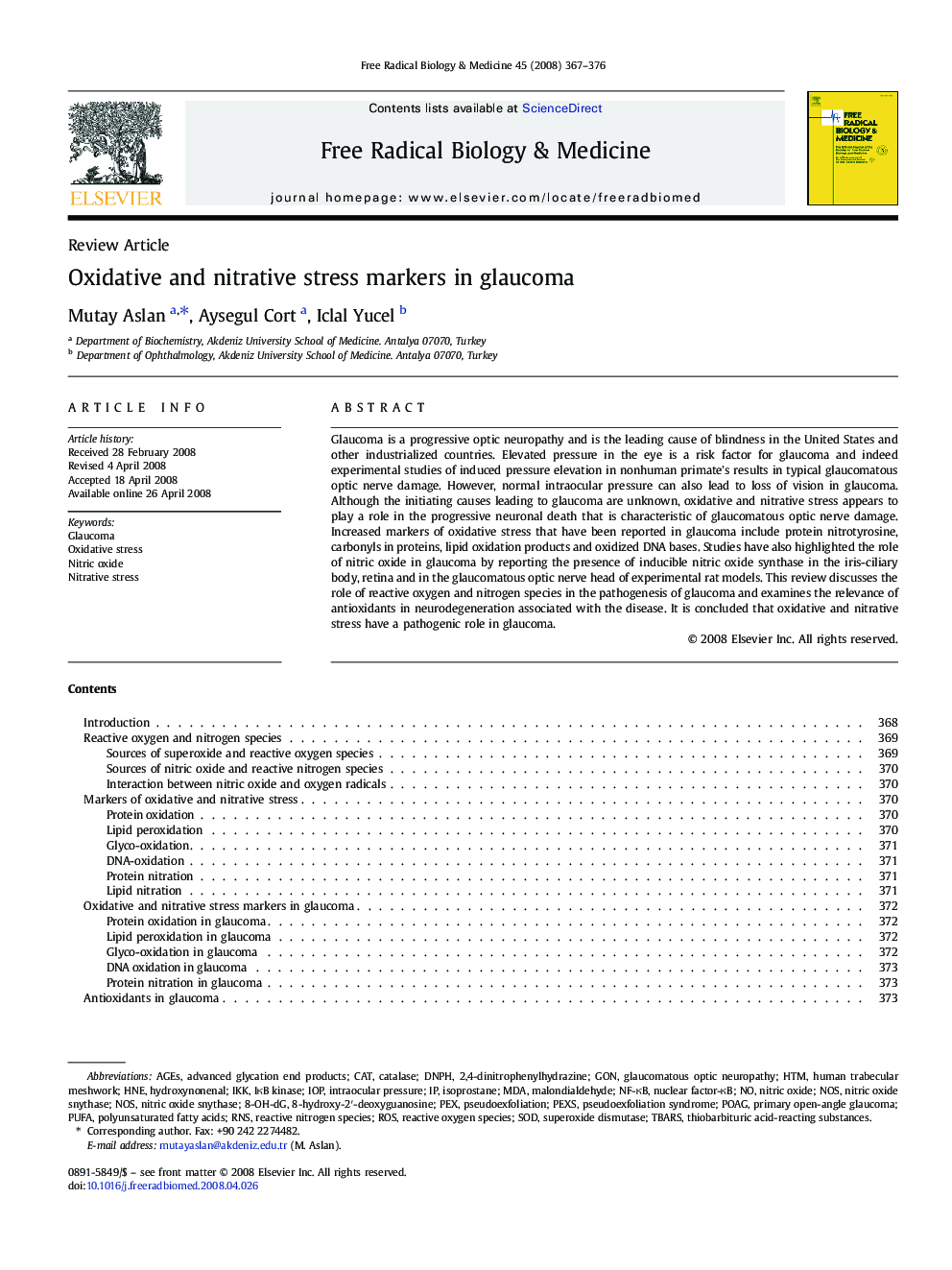 Oxidative and nitrative stress markers in glaucoma