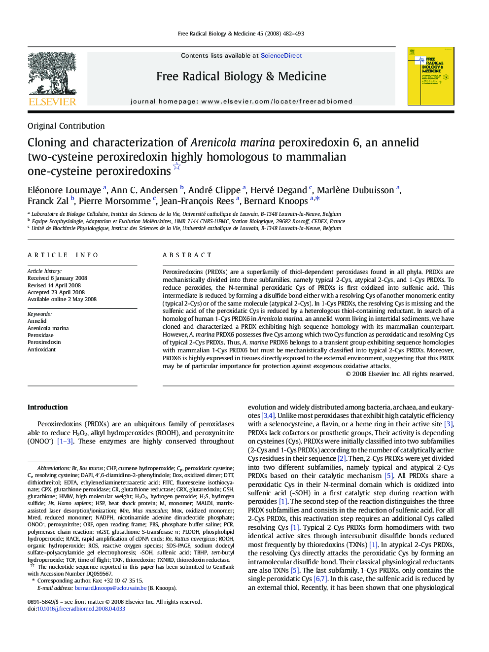 Cloning and characterization of Arenicola marina peroxiredoxin 6, an annelid two-cysteine peroxiredoxin highly homologous to mammalian one-cysteine peroxiredoxins