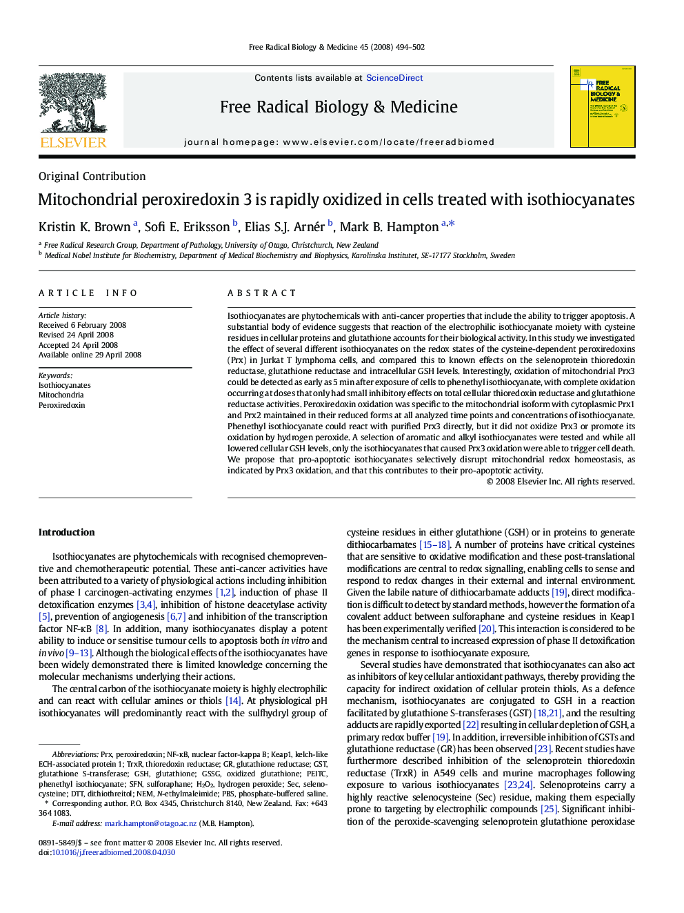 Mitochondrial peroxiredoxin 3 is rapidly oxidized in cells treated with isothiocyanates