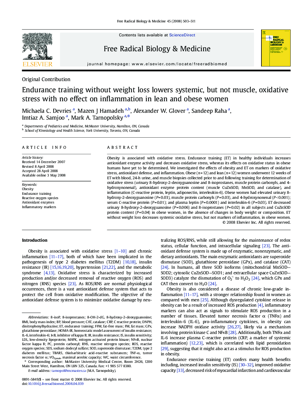 Endurance training without weight loss lowers systemic, but not muscle, oxidative stress with no effect on inflammation in lean and obese women