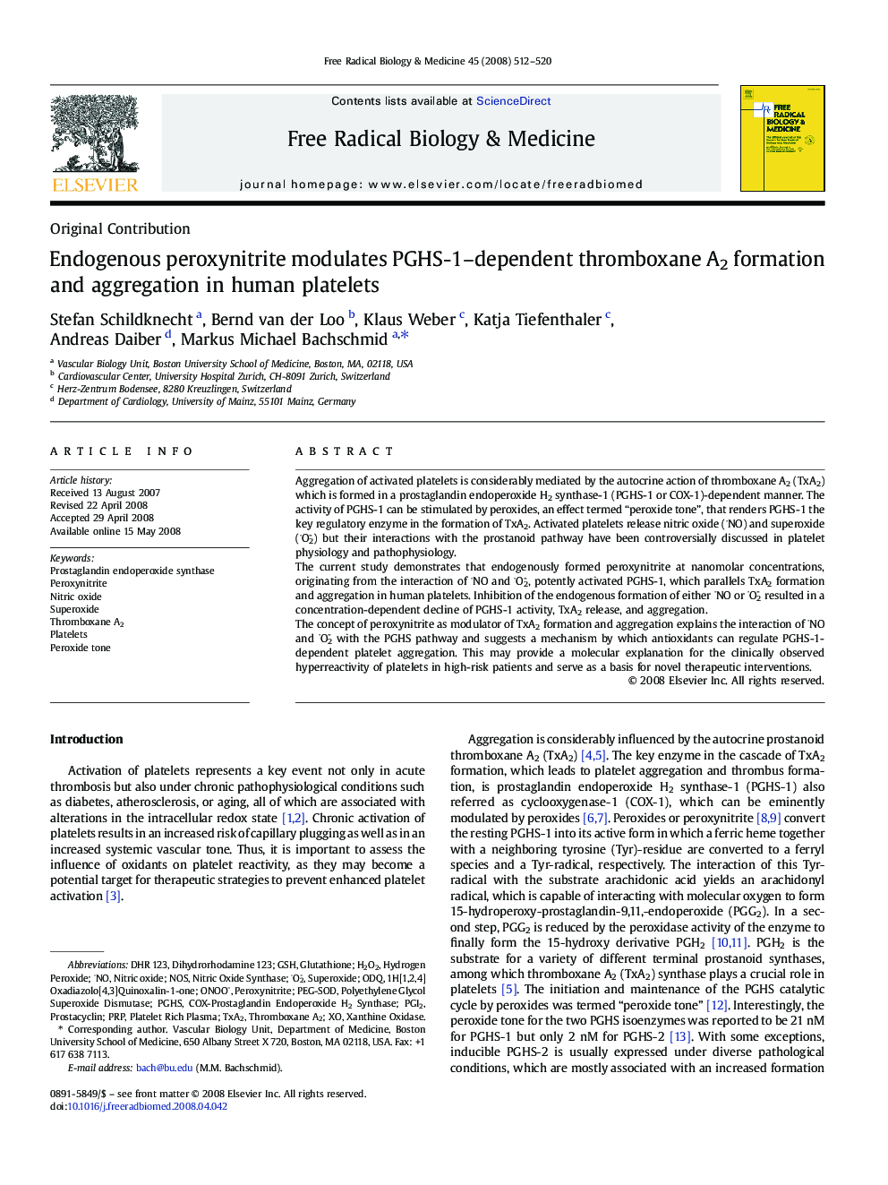 Endogenous peroxynitrite modulates PGHS-1–dependent thromboxane A2 formation and aggregation in human platelets