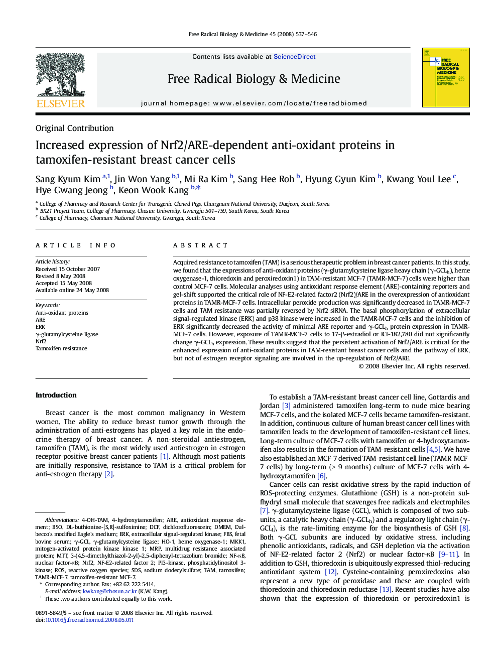 عکس صفحه اول مقاله: Increased expression of Nrf2/ARE-dependent anti-oxidant proteins in tamoxifen-resistant breast cancer cells Increased expression of Nrf2/ARE-dependent anti-oxidant proteins in tamoxifen-resistant breast cancer cells