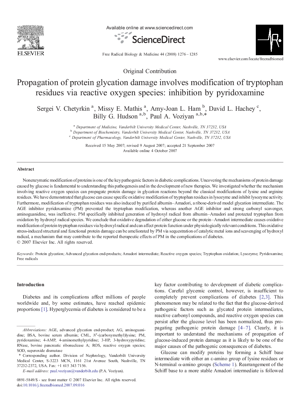 Propagation of protein glycation damage involves modification of tryptophan residues via reactive oxygen species: inhibition by pyridoxamine