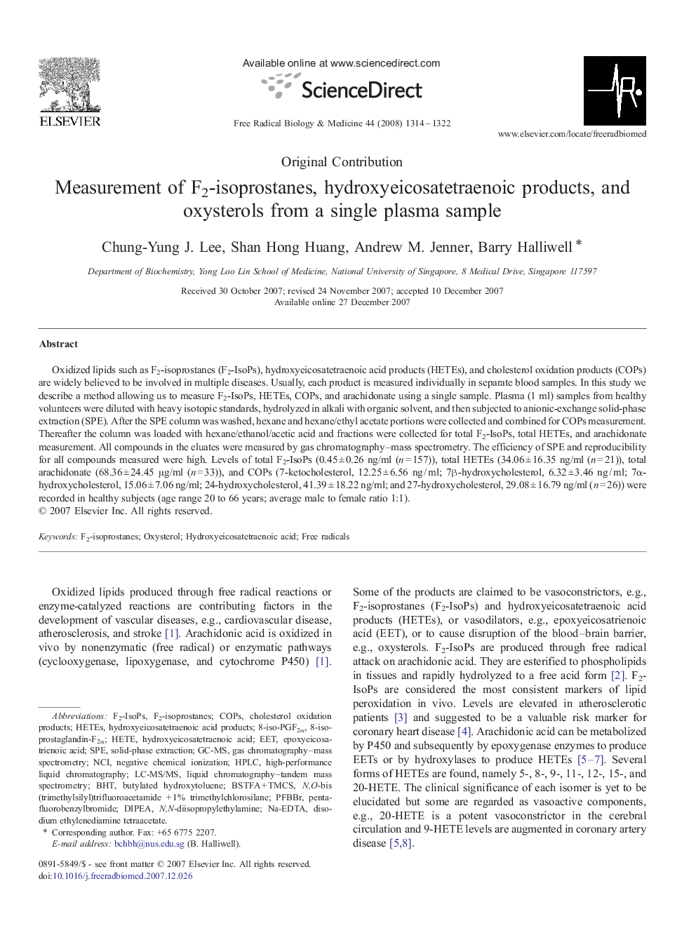 Measurement of F2-isoprostanes, hydroxyeicosatetraenoic products, and oxysterols from a single plasma sample