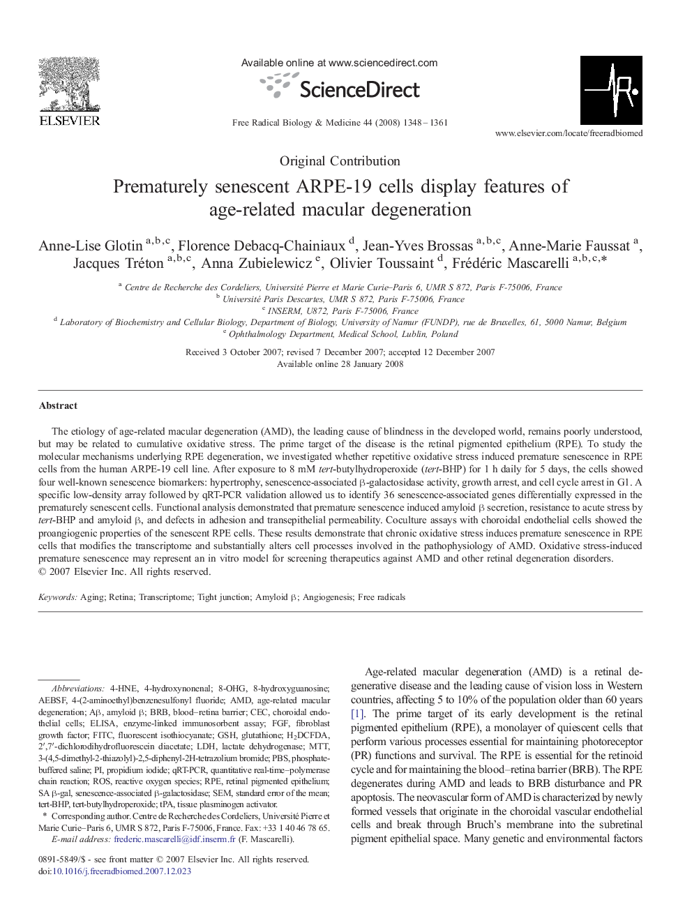 Prematurely senescent ARPE-19 cells display features of age-related macular degeneration