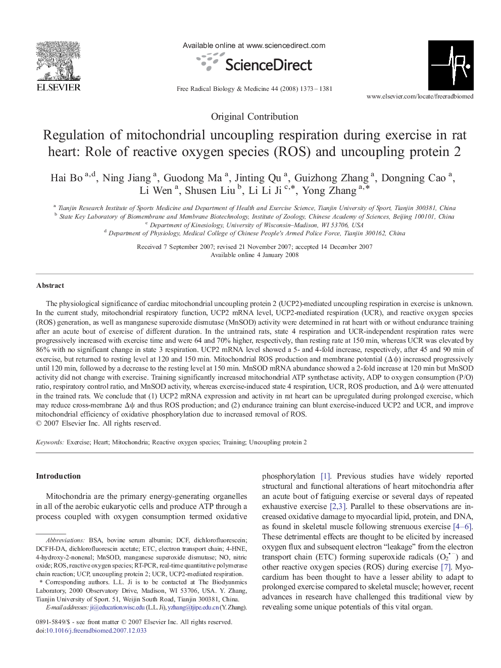 Regulation of mitochondrial uncoupling respiration during exercise in rat heart: Role of reactive oxygen species (ROS) and uncoupling protein 2