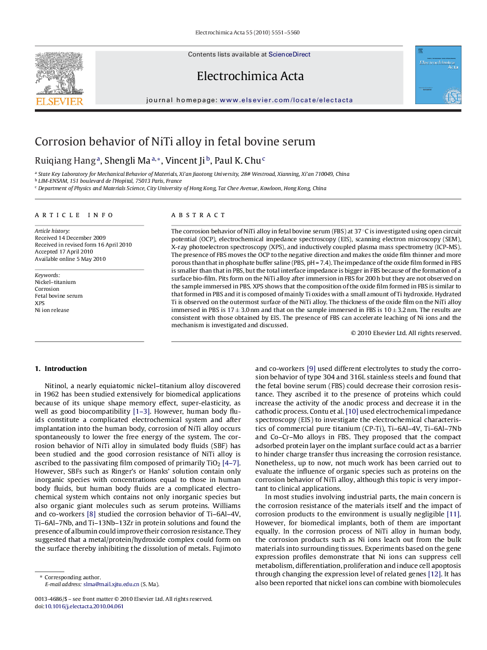 عکس صفحه اول مقاله: Corrosion behavior of NiTi alloy in fetal bovine serum Corrosion behavior of NiTi alloy in fetal bovine serum
