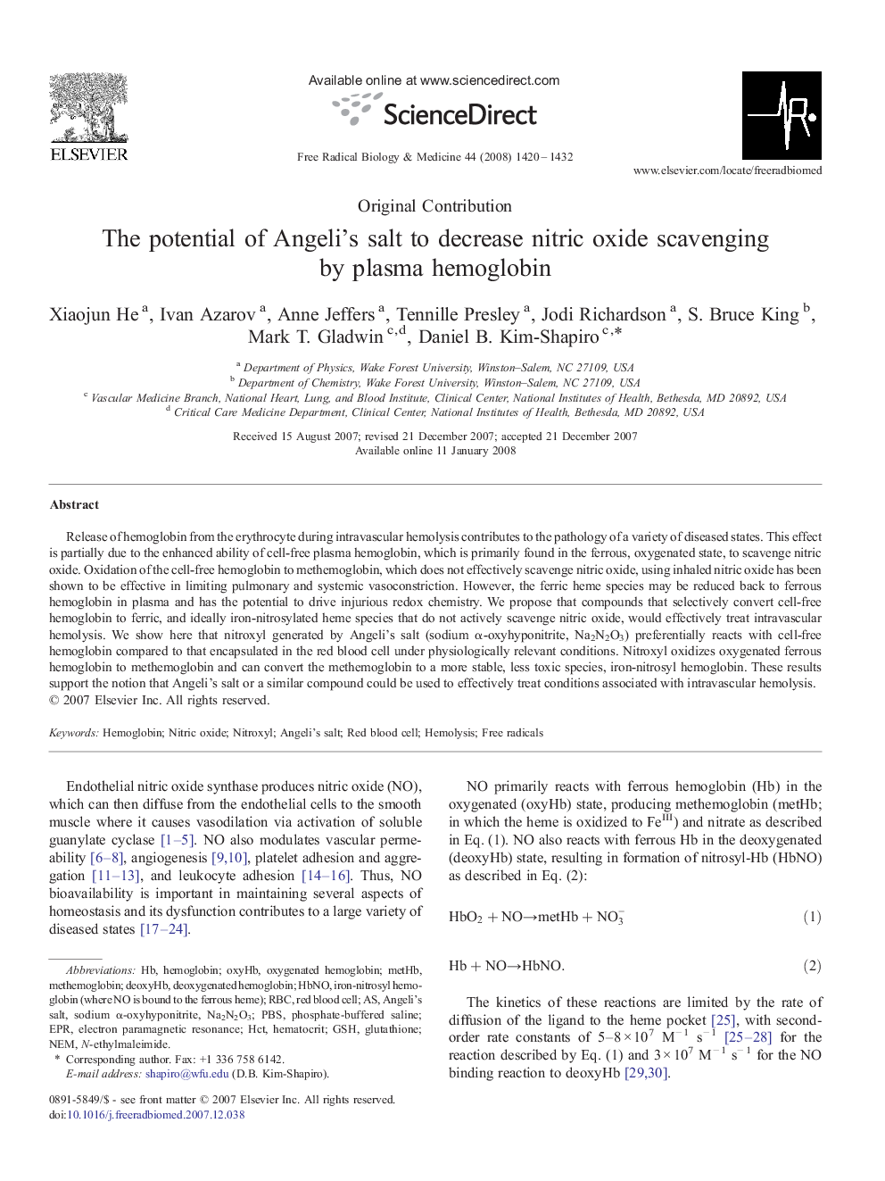 The potential of Angeli's salt to decrease nitric oxide scavenging by plasma hemoglobin