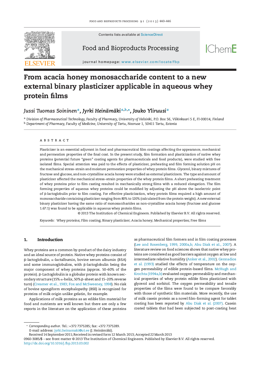 From acacia honey monosaccharide content to a new external binary plasticizer applicable in aqueous whey protein films