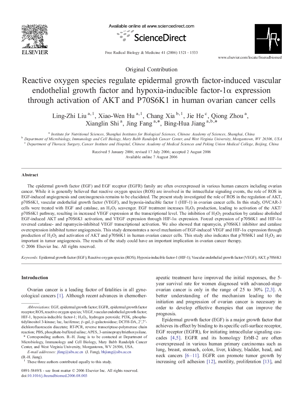 Reactive oxygen species regulate epidermal growth factor-induced vascular endothelial growth factor and hypoxia-inducible factor-1α expression through activation of AKT and P70S6K1 in human ovarian cancer cells