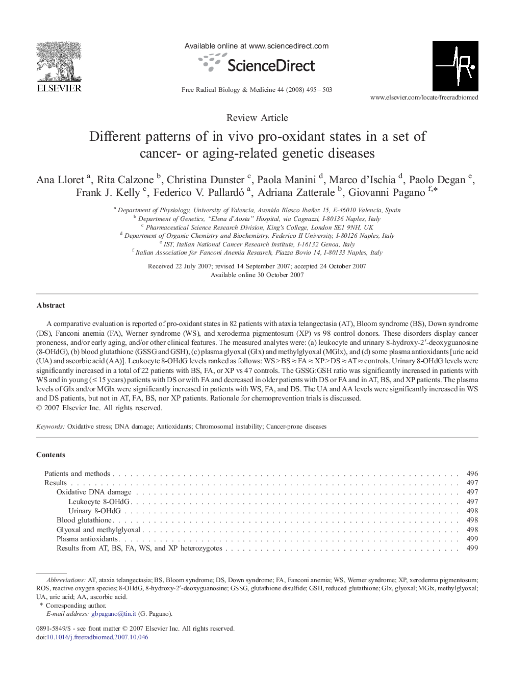 Different patterns of in vivo pro-oxidant states in a set of cancer- or aging-related genetic diseases