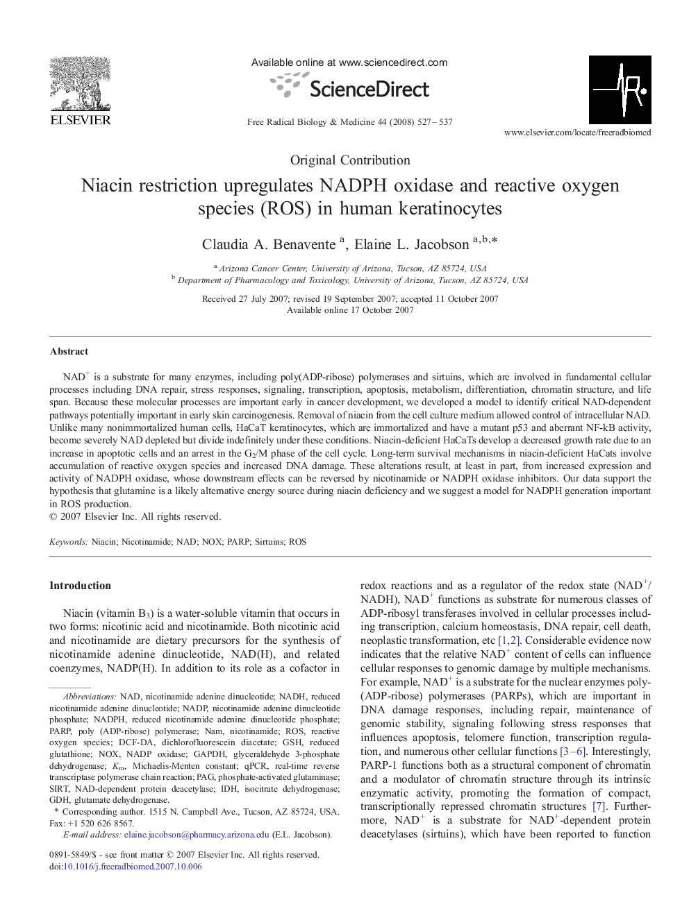 Niacin restriction upregulates NADPH oxidase and reactive oxygen species (ROS) in human keratinocytes