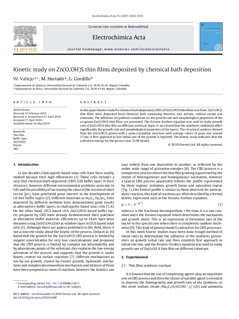 عکس صفحه اول مقاله: Kinetic study on Zn(O,OH)S thin films deposited by chemical bath deposition Kinetic study on Zn(O,OH)S thin films deposited by chemical bath deposition