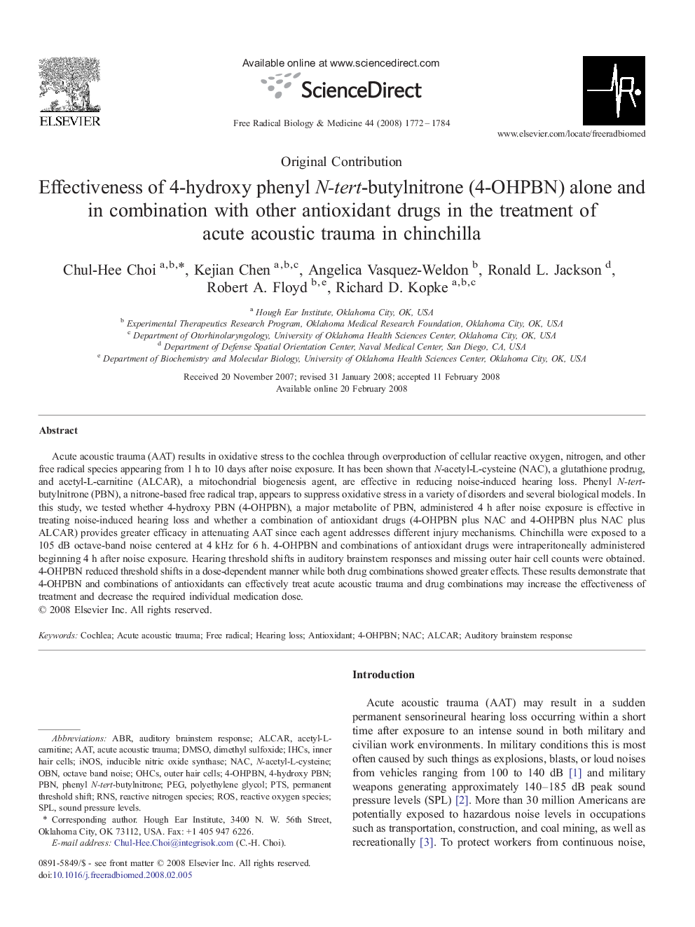 Effectiveness of 4-hydroxy phenyl N-tert-butylnitrone (4-OHPBN) alone and in combination with other antioxidant drugs in the treatment of acute acoustic trauma in chinchilla