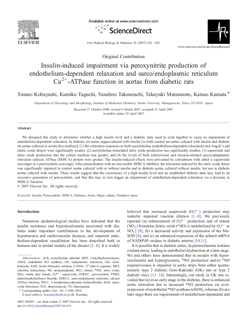 Insulin-induced impairment via peroxynitrite production of endothelium-dependent relaxation and sarco/endoplasmic reticulum Ca2+-ATPase function in aortas from diabetic rats