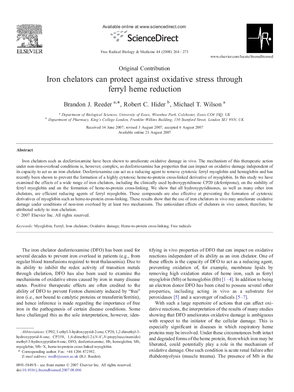 Iron chelators can protect against oxidative stress through ferryl heme reduction