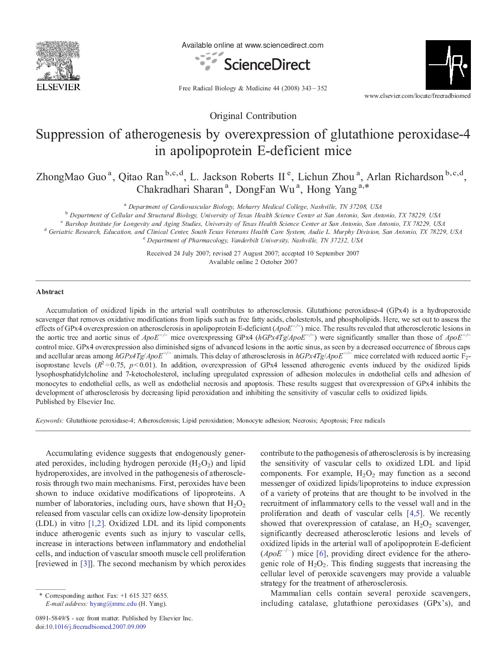 Suppression of atherogenesis by overexpression of glutathione peroxidase-4 in apolipoprotein E-deficient mice