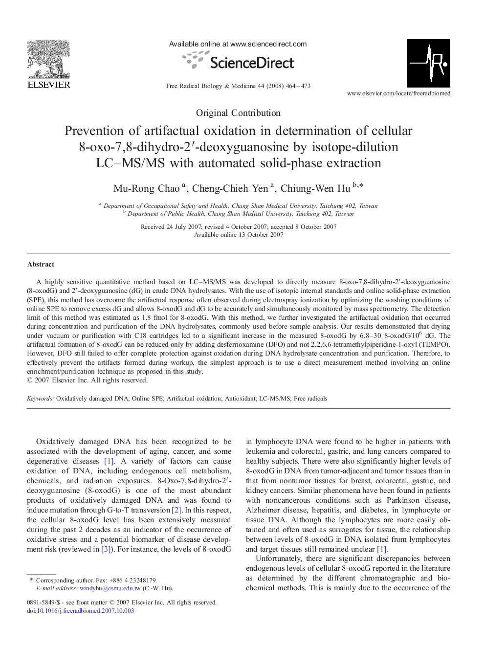 Prevention of artifactual oxidation in determination of cellular 8-oxo-7,8-dihydro-2′-deoxyguanosine by isotope-dilution LC–MS/MS with automated solid-phase extraction