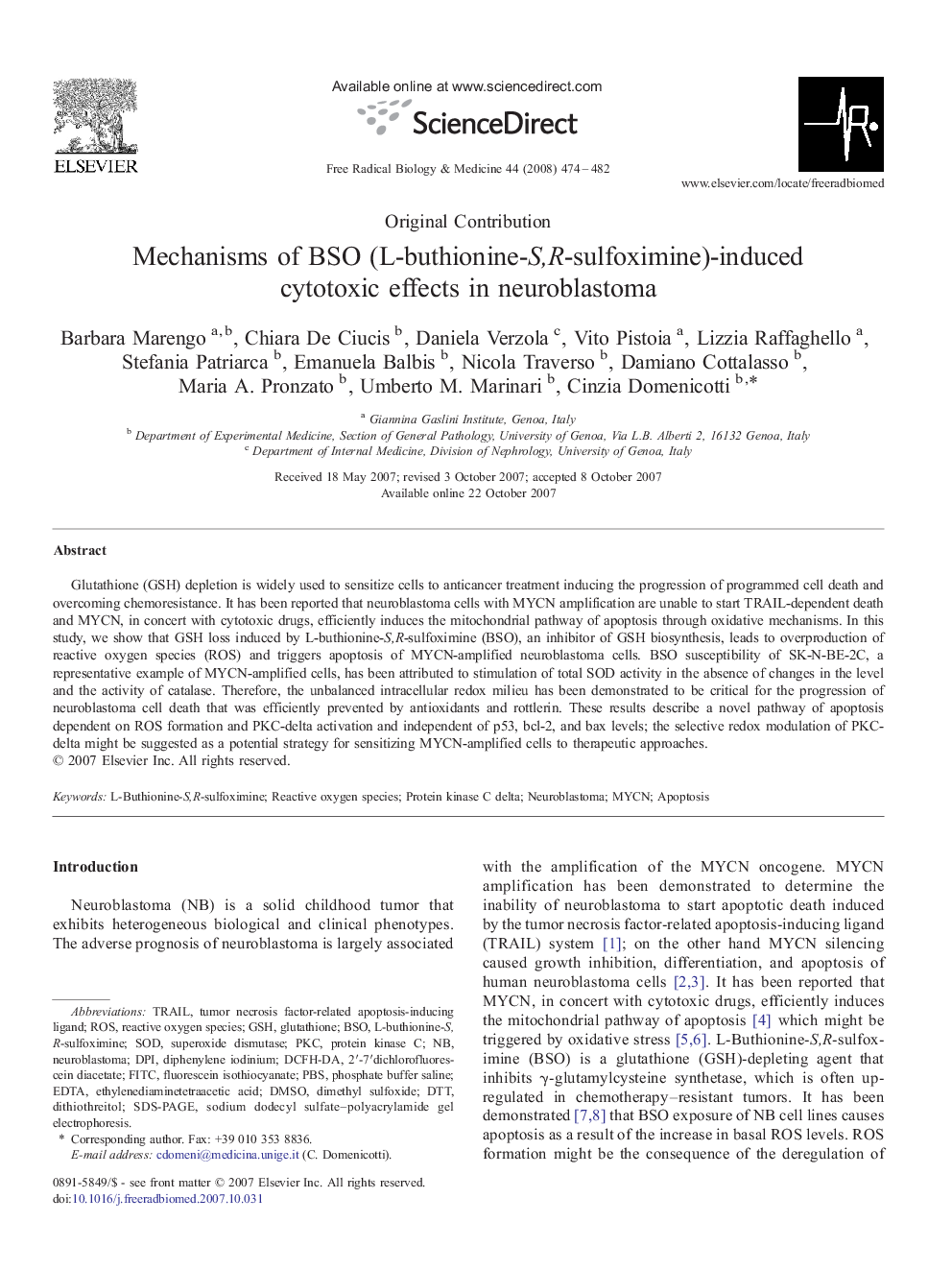 Mechanisms of BSO (L-buthionine-S,R-sulfoximine)-induced cytotoxic effects in neuroblastoma