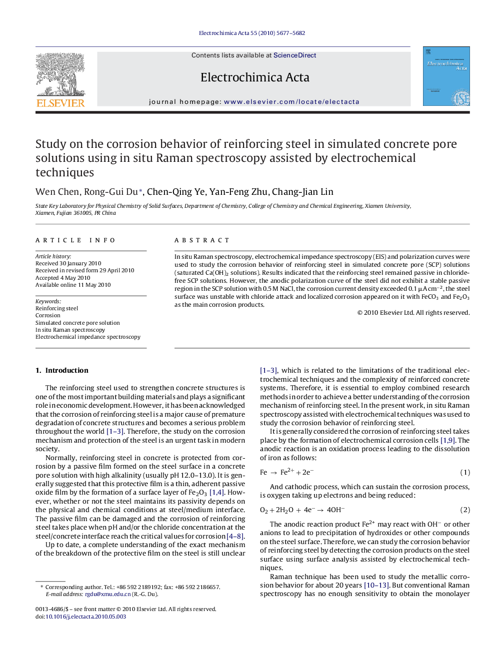 Study on the corrosion behavior of reinforcing steel in simulated concrete pore solutions using in situ Raman spectroscopy assisted by electrochemical techniques