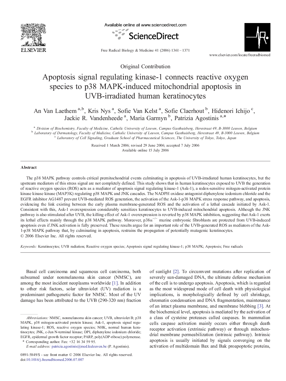 Apoptosis signal regulating kinase-1 connects reactive oxygen species to p38 MAPK-induced mitochondrial apoptosis in UVB-irradiated human keratinocytes